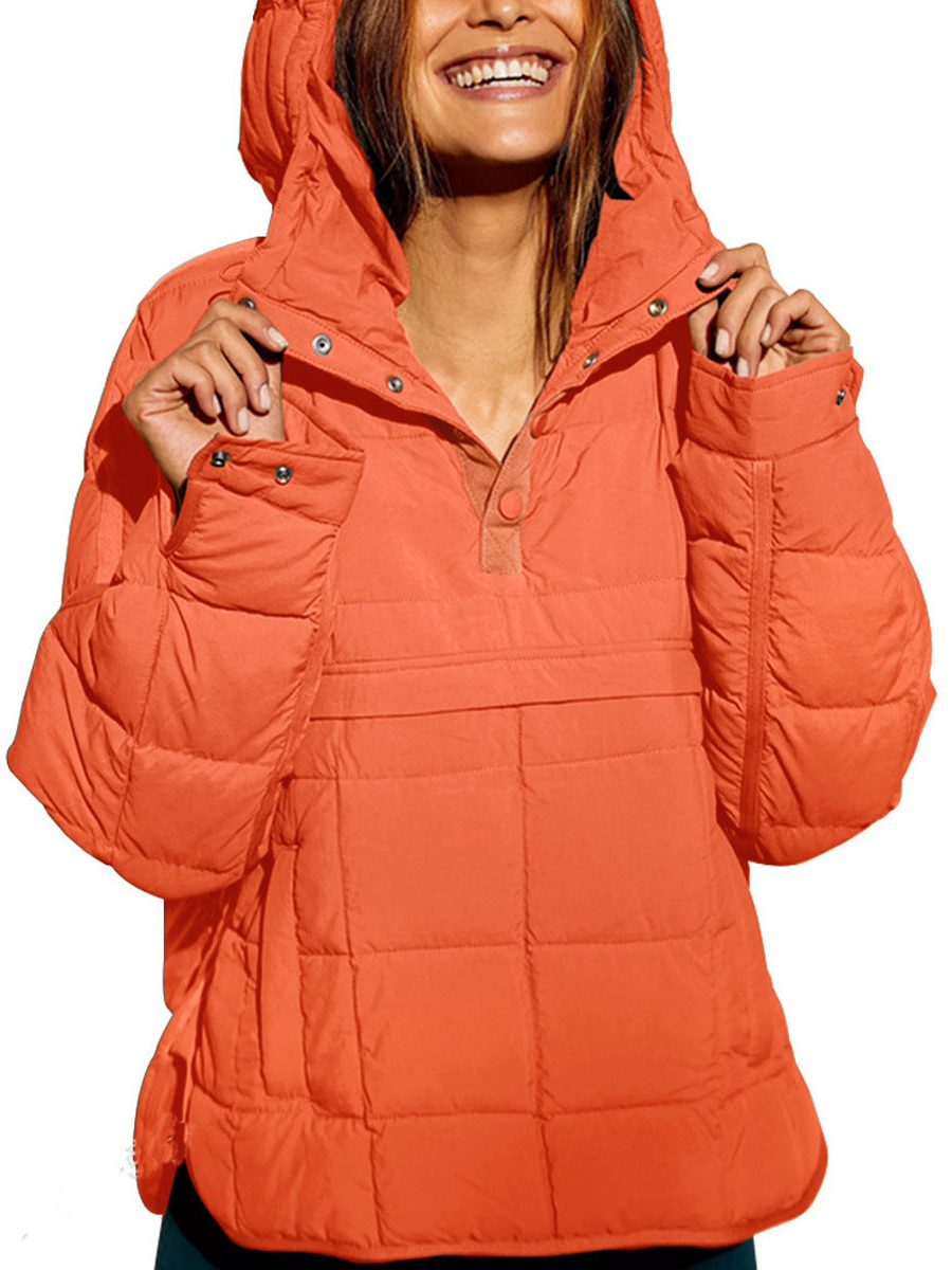 Hooded Longline Puffer Jacket with Welt Pockets for Women - Orange