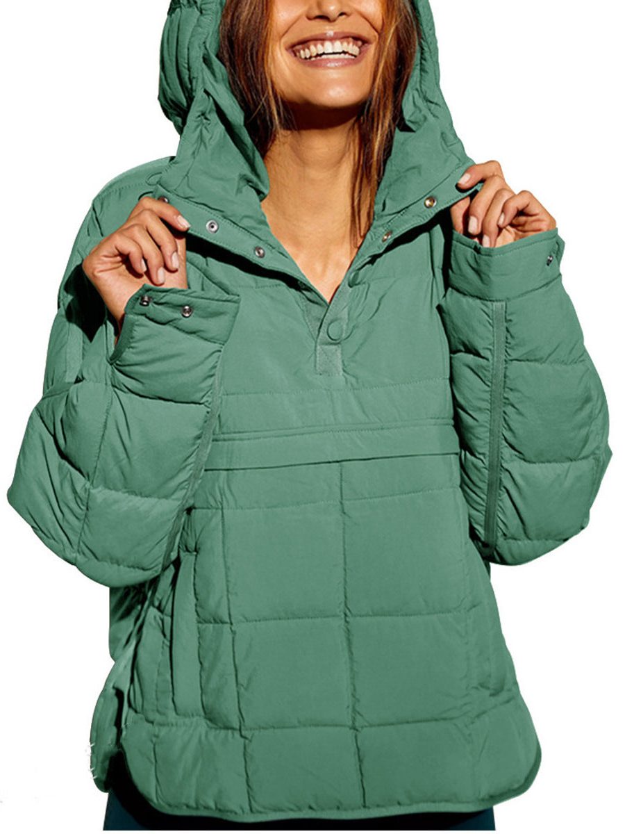Hooded Longline Puffer Jacket with Welt Pockets for Women - Grün