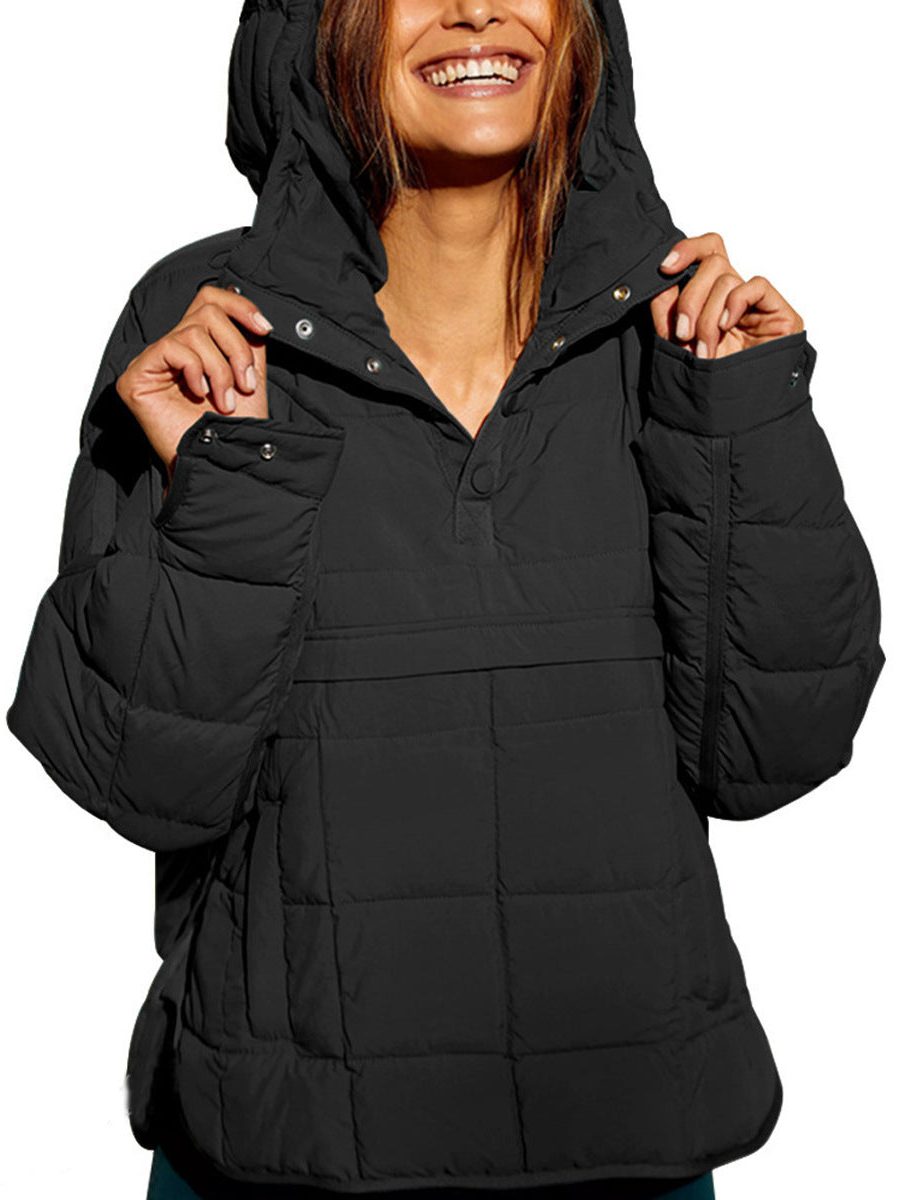 Hooded Longline Puffer Jacket with Welt Pockets for Women - Schwarz