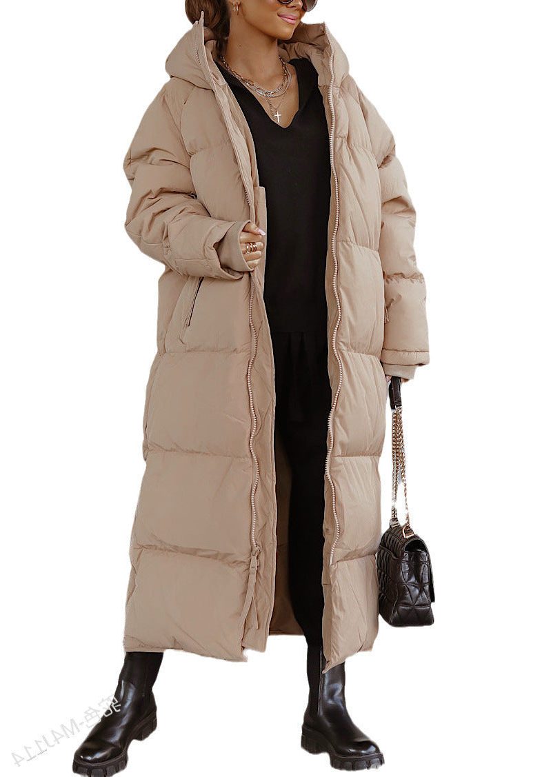 Hooded Longline Quilted Winter Puffer Coat for Women - Beige