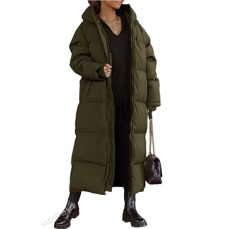 Hooded Longline Quilted Winter Puffer Coat for Women - Olivgrün