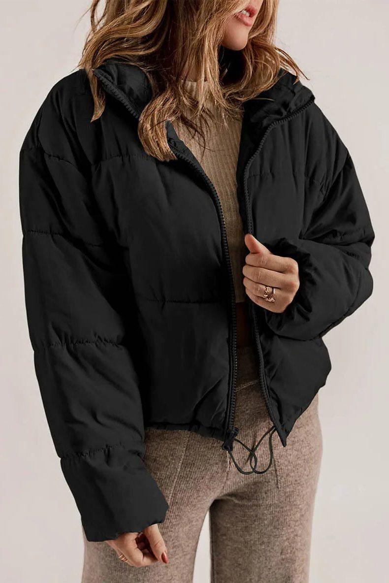 Cropped Hooded Puffer Jacket with Drawstring Hem for Women - View 10