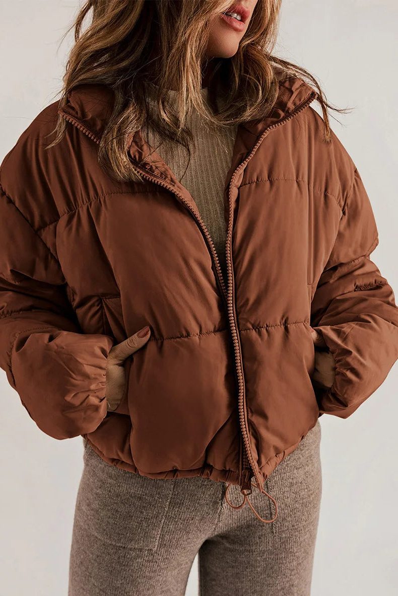 Cropped Hooded Puffer Jacket with Drawstring Hem for Women - Brun