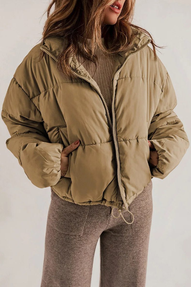 Cropped Hooded Puffer Jacket with Drawstring Hem for Women - Kaki