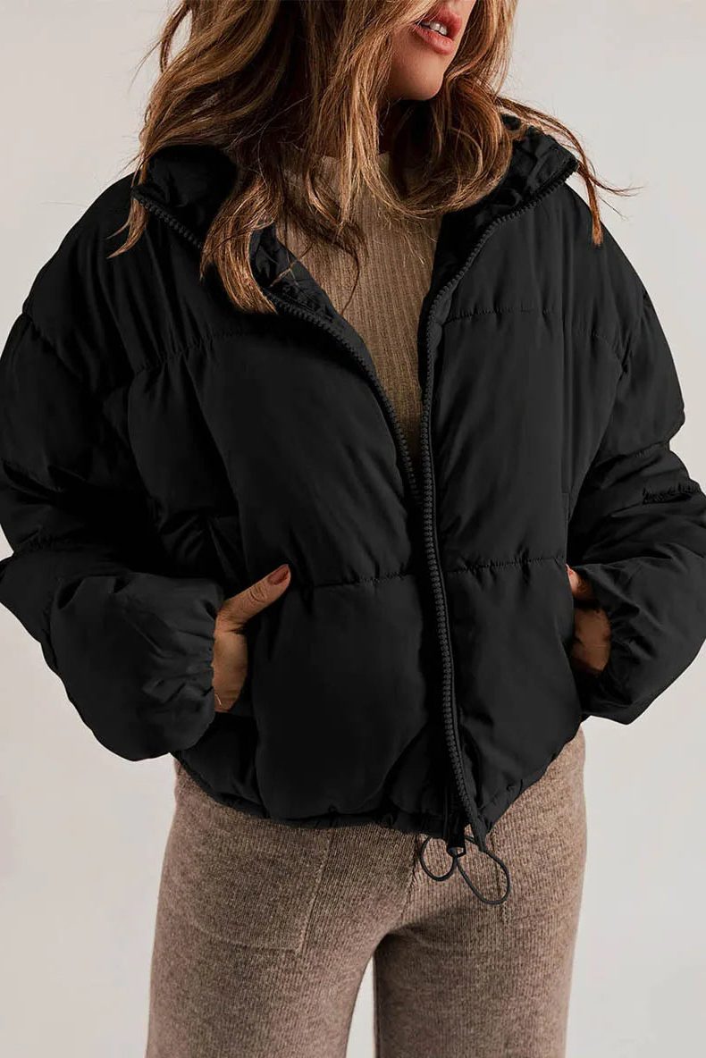 Cropped Hooded Puffer Jacket with Drawstring Hem for Women - Noir