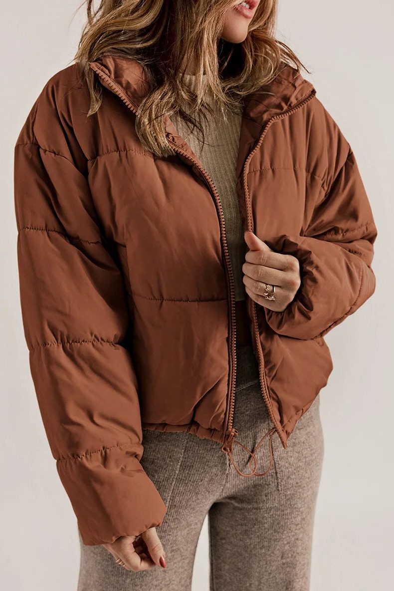 Cropped Hooded Puffer Jacket with Drawstring Hem for Women