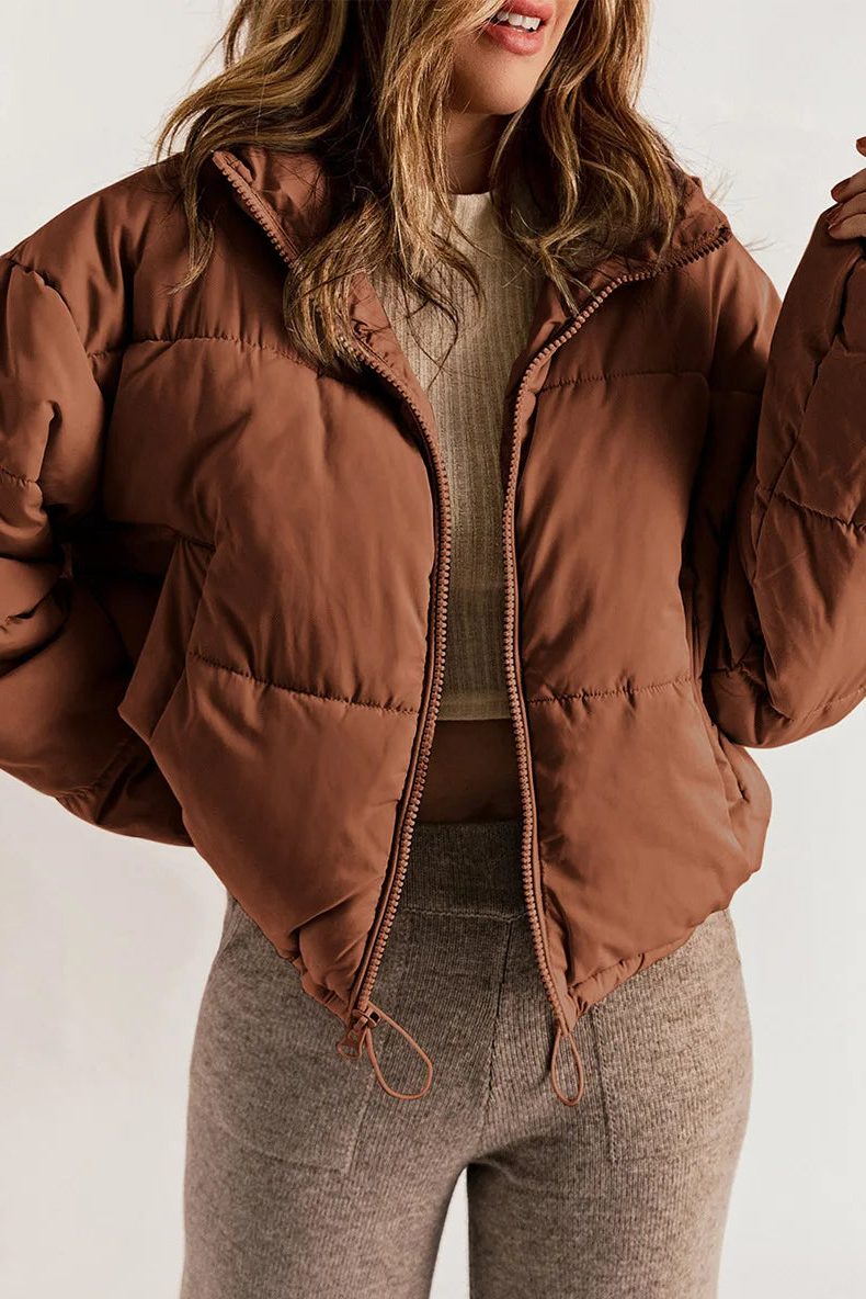 Cropped Hooded Puffer Jacket with Drawstring Hem for Women - View 2