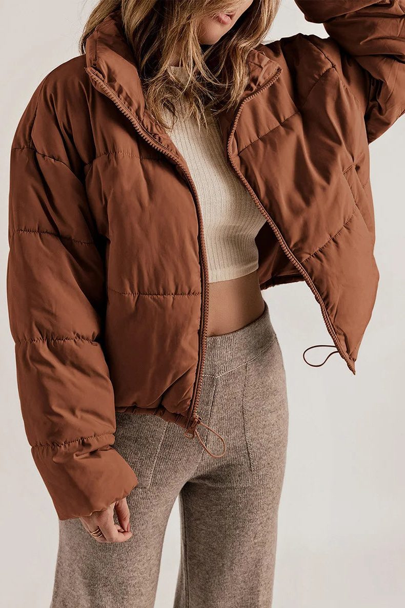 Cropped Hooded Puffer Jacket with Drawstring Hem for Women - View 3