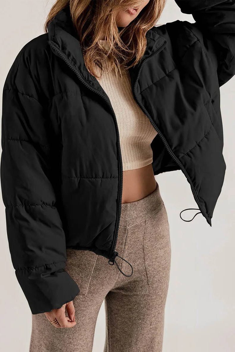 Cropped Hooded Puffer Jacket with Drawstring Hem for Women - View 9