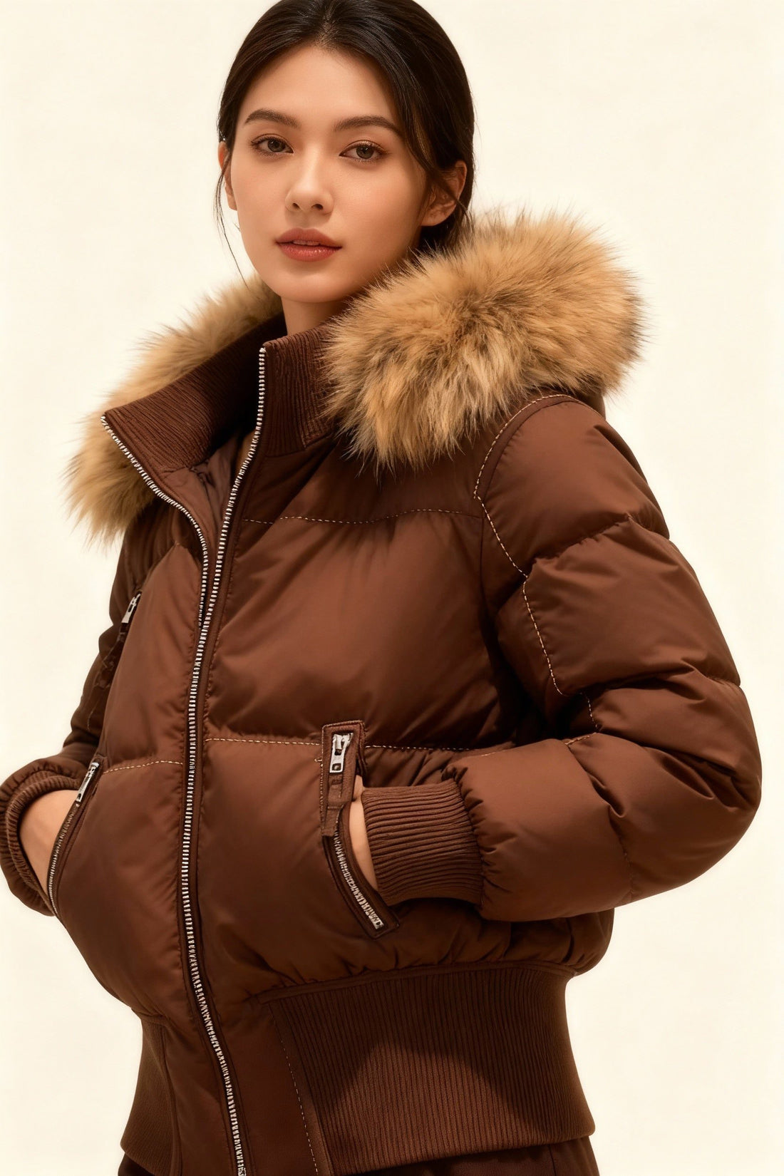 Hooded Puffer Jacket with Faux Fur Collar for Women