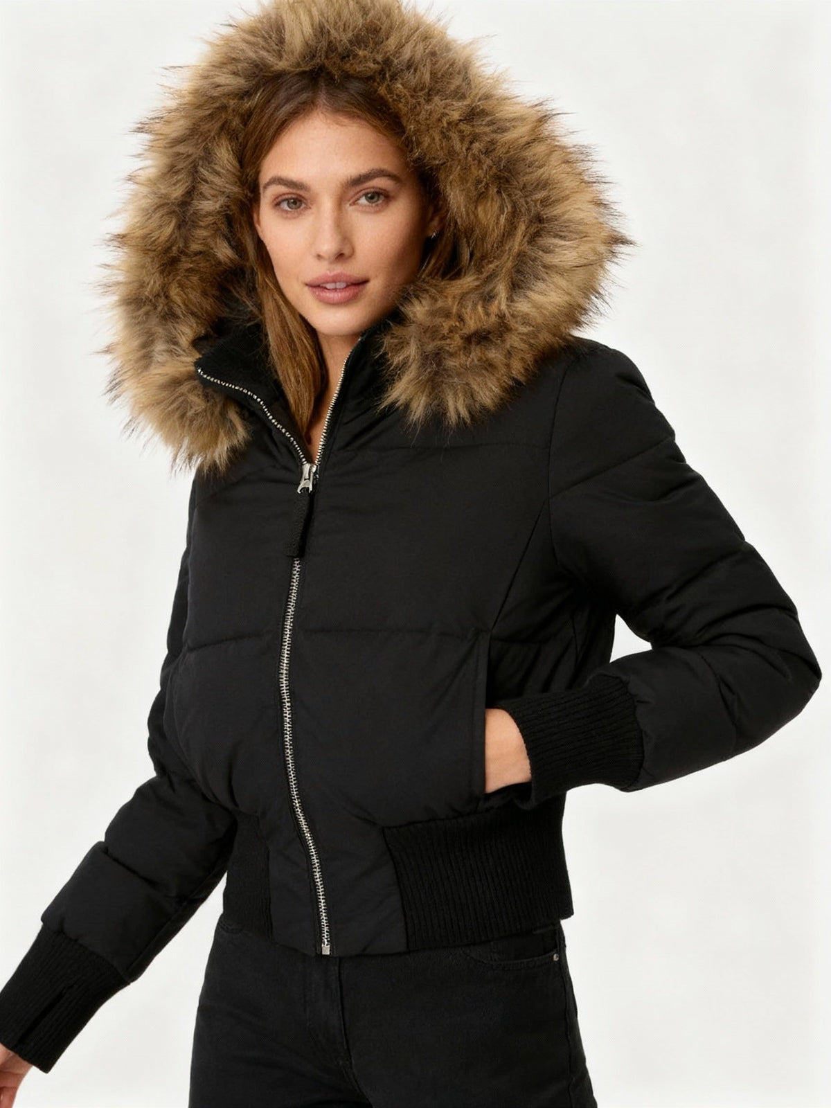 Hooded Puffer Jacket with Faux Fur Collar for Women - View 2