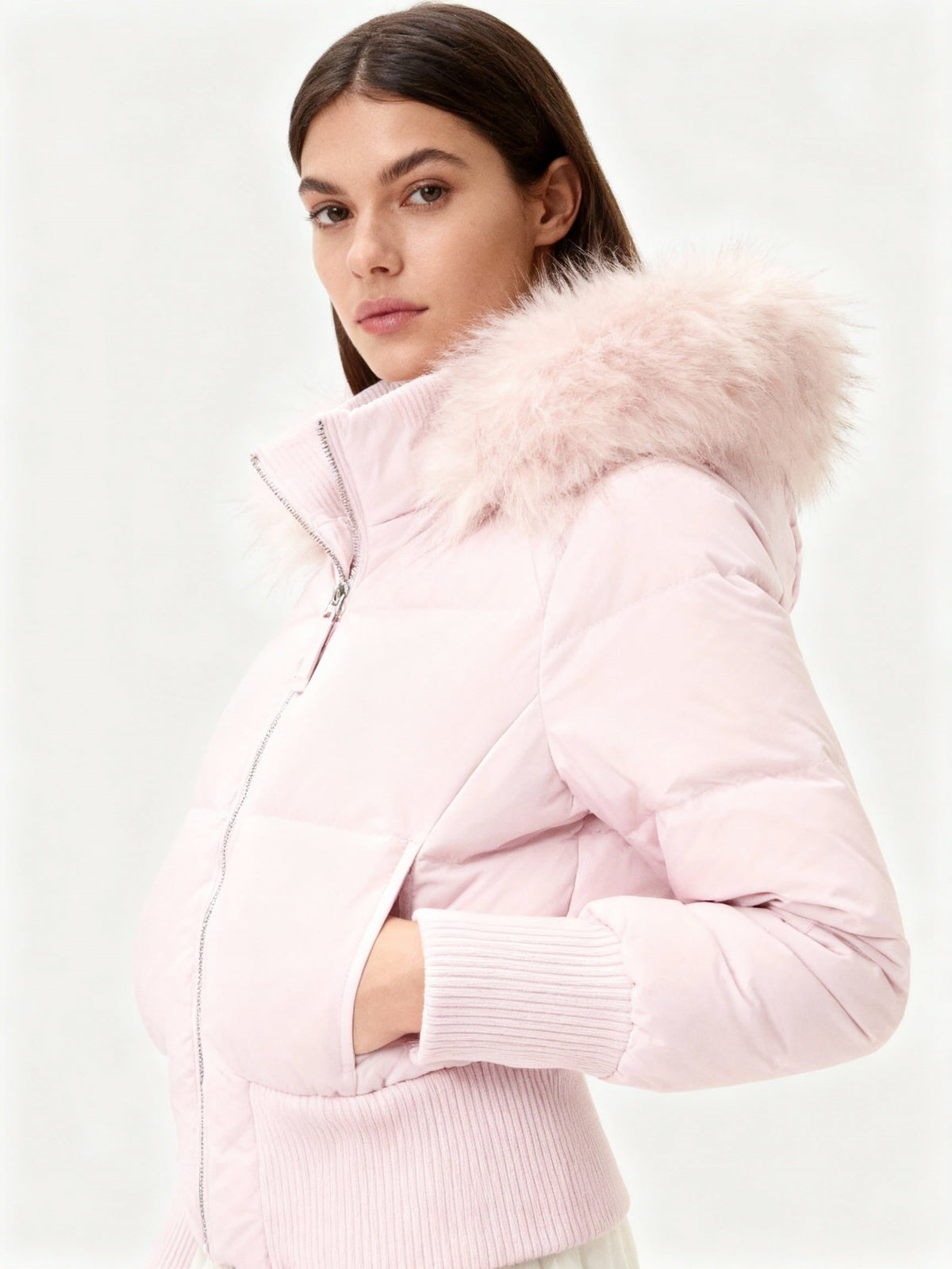 Hooded Puffer Jacket with Faux Fur Collar for Women - Rose