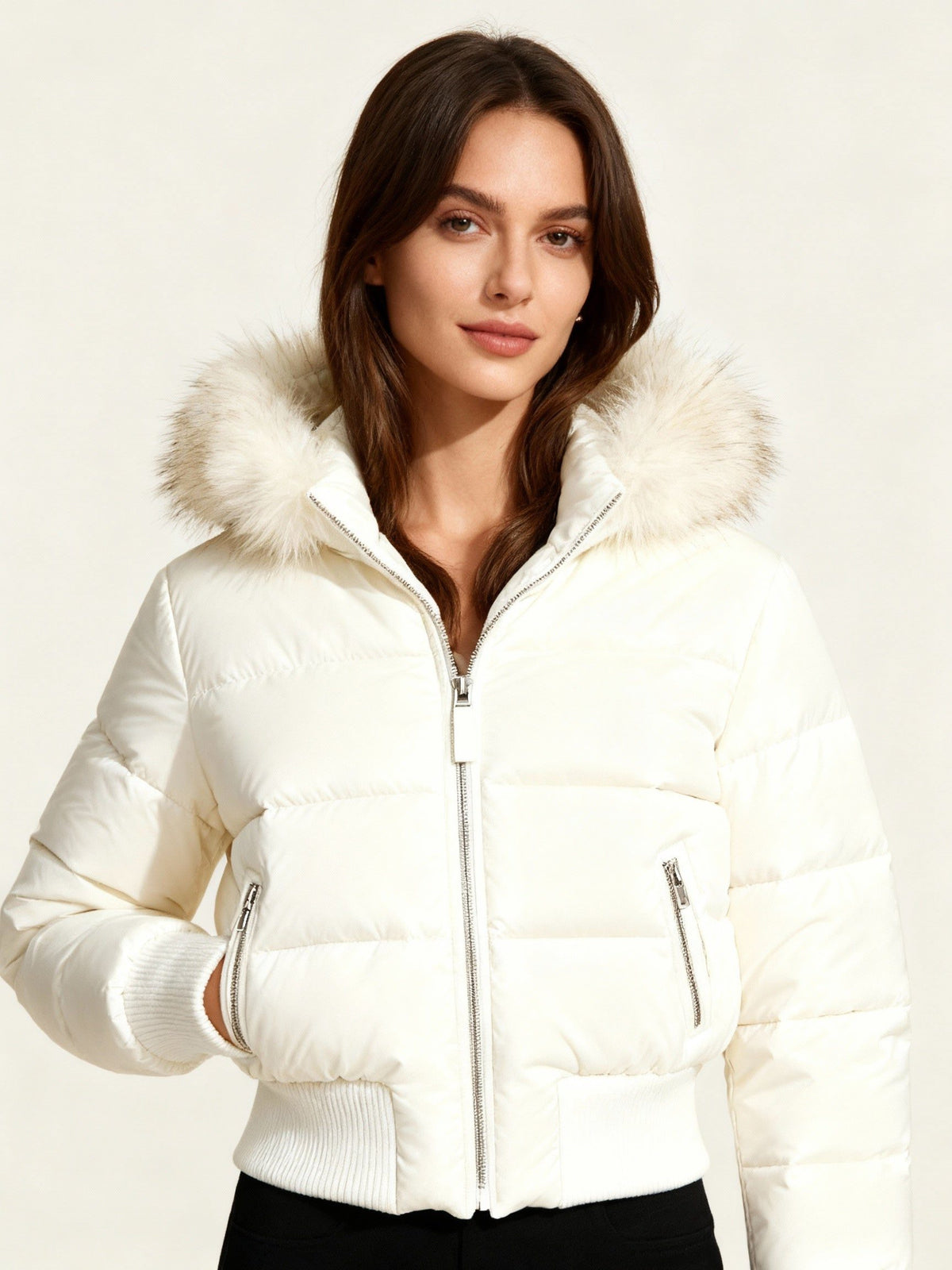 Hooded Puffer Jacket with Faux Fur Collar for Women - Blanc