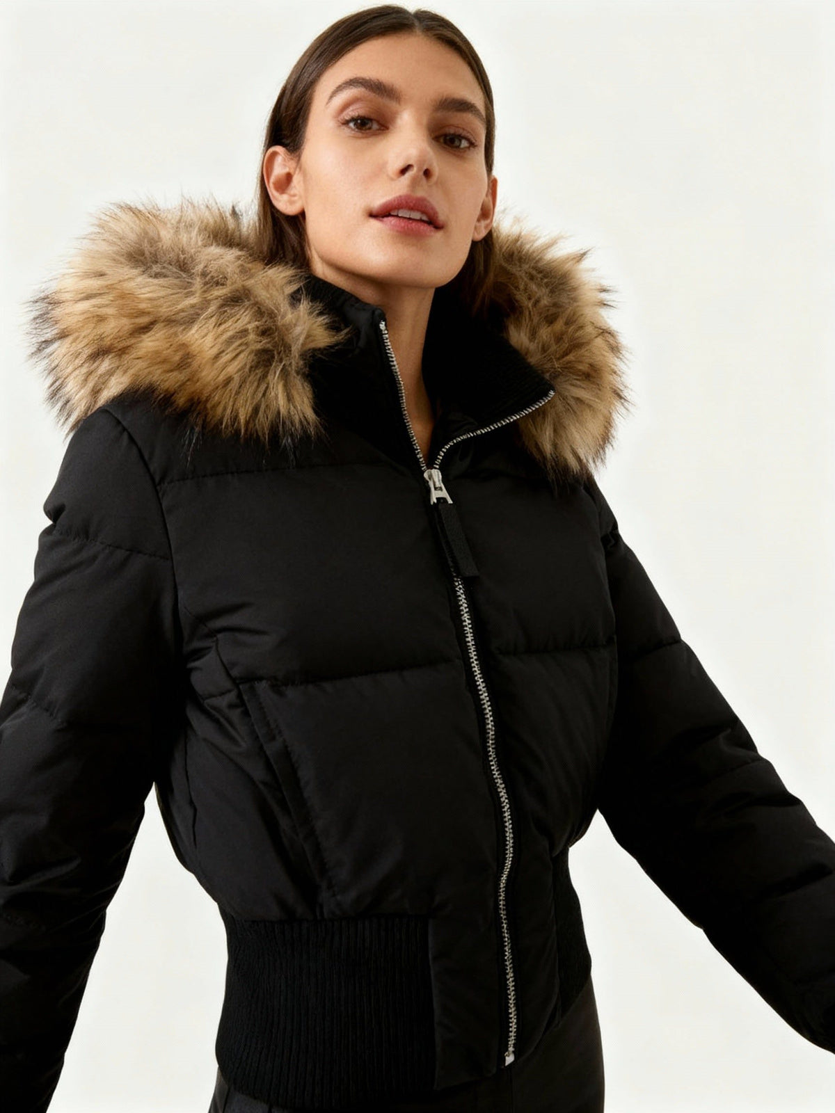 Hooded Puffer Jacket with Faux Fur Collar for Women - Noir