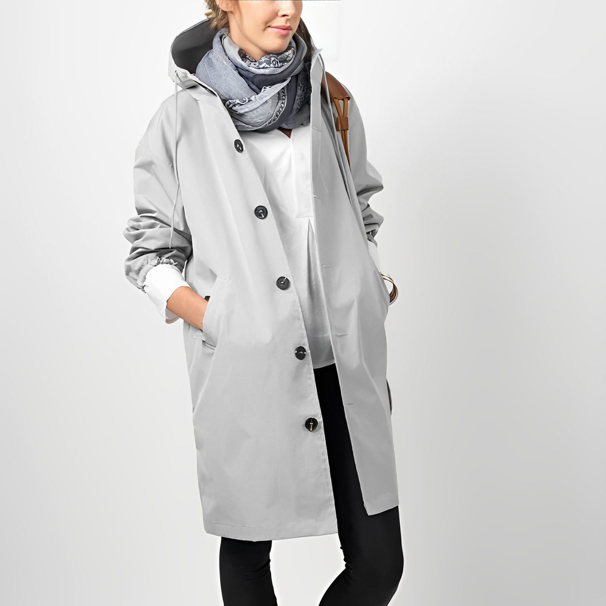 Hooded Rain Coat for Women - Light Gray
