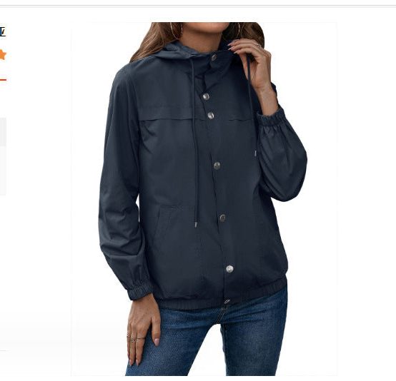 Hooded Raincoat Jacket with Drawstring for Women - Dunkelblau