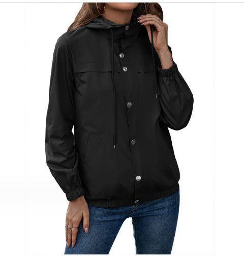 Hooded Raincoat Jacket with Drawstring for Women - Schwarz