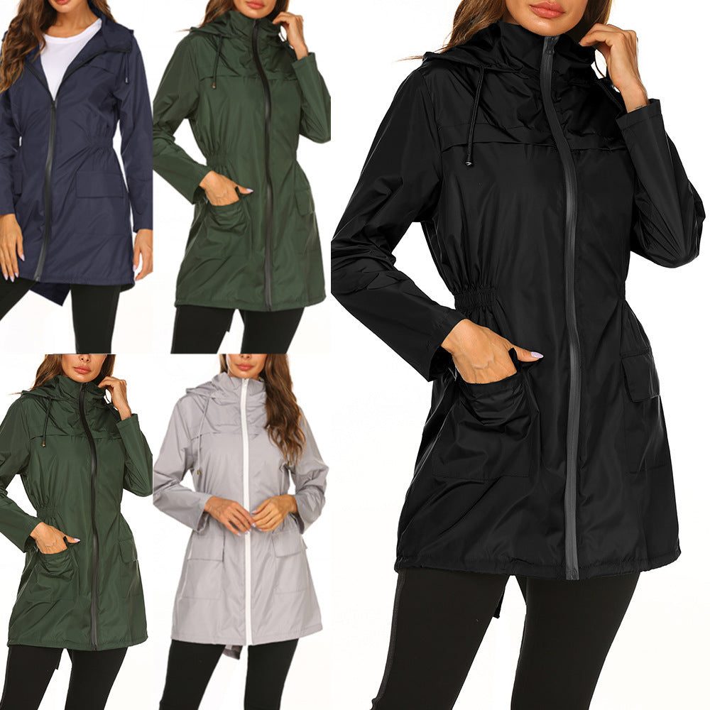 Hooded Raincoat with Adjustable Waist and Deep Pockets for Women