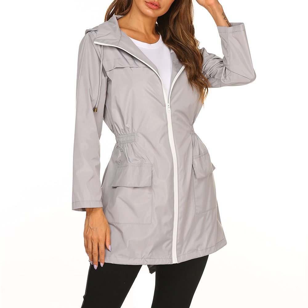 Hooded Raincoat with Adjustable Waist and Deep Pockets for Women
