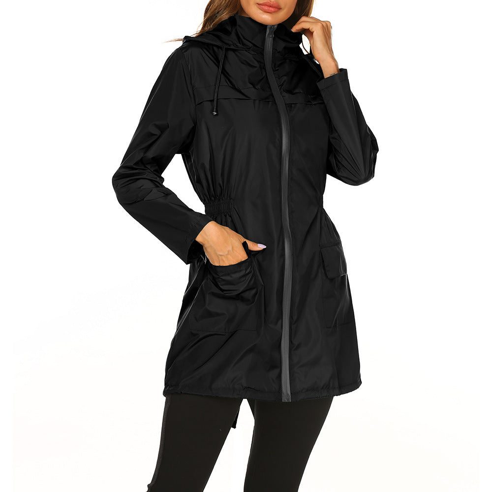 Hooded Raincoat with Adjustable Waist and Deep Pockets for Women - Schwarz