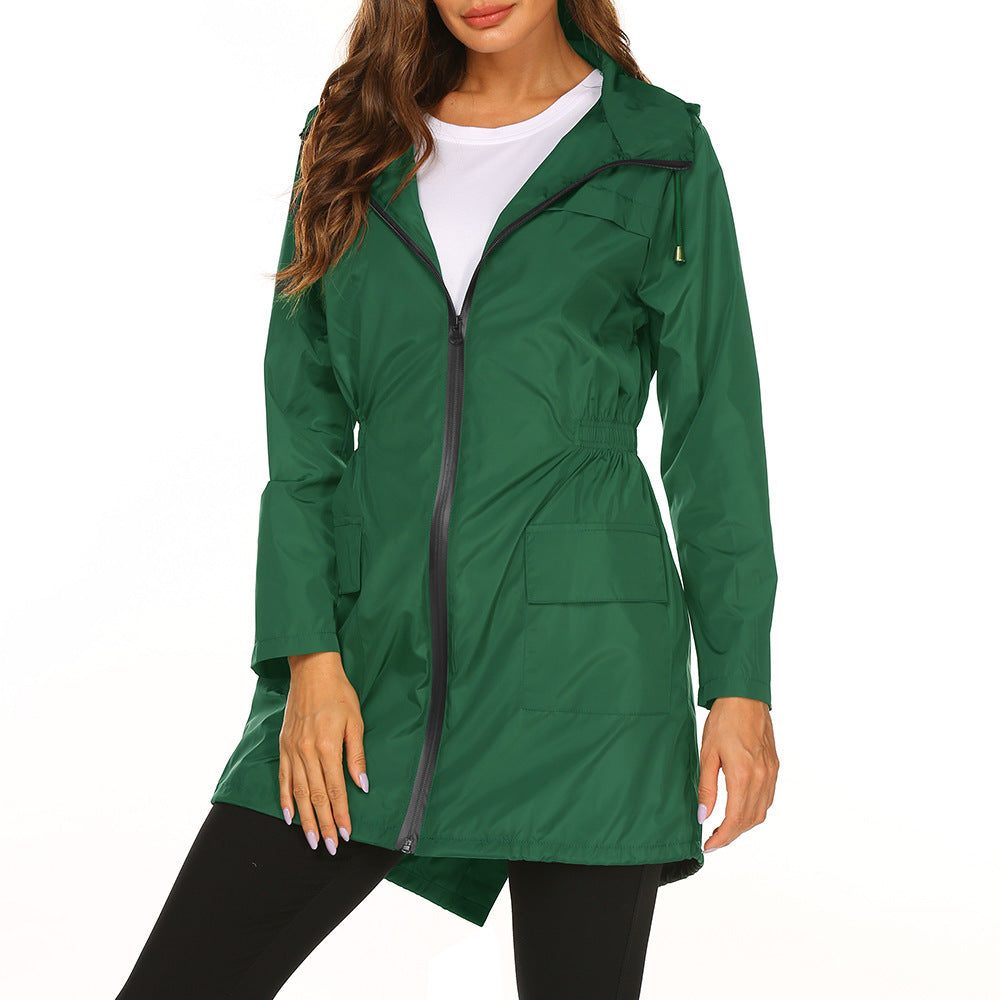 Hooded Raincoat with Adjustable Waist and Deep Pockets for Women - Grasgrün