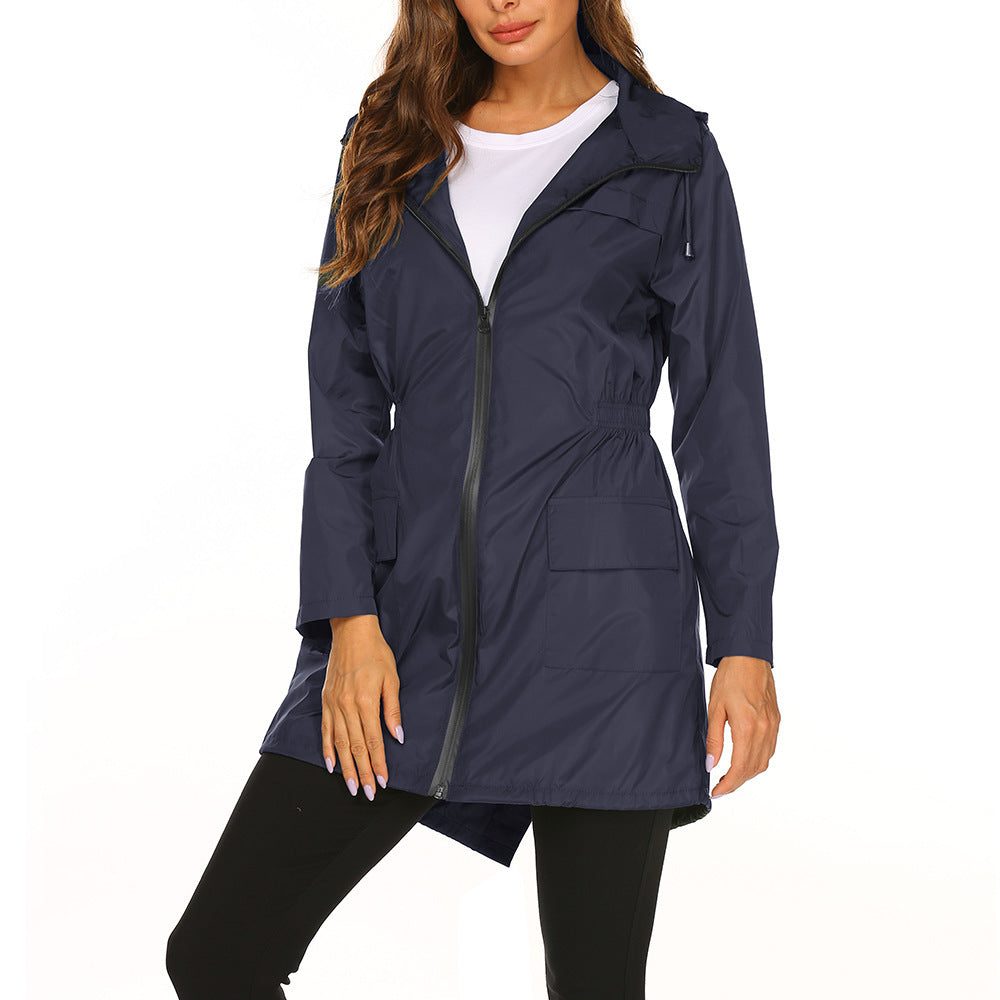 Hooded Raincoat with Adjustable Waist and Deep Pockets for Women - Mitternachtsblau