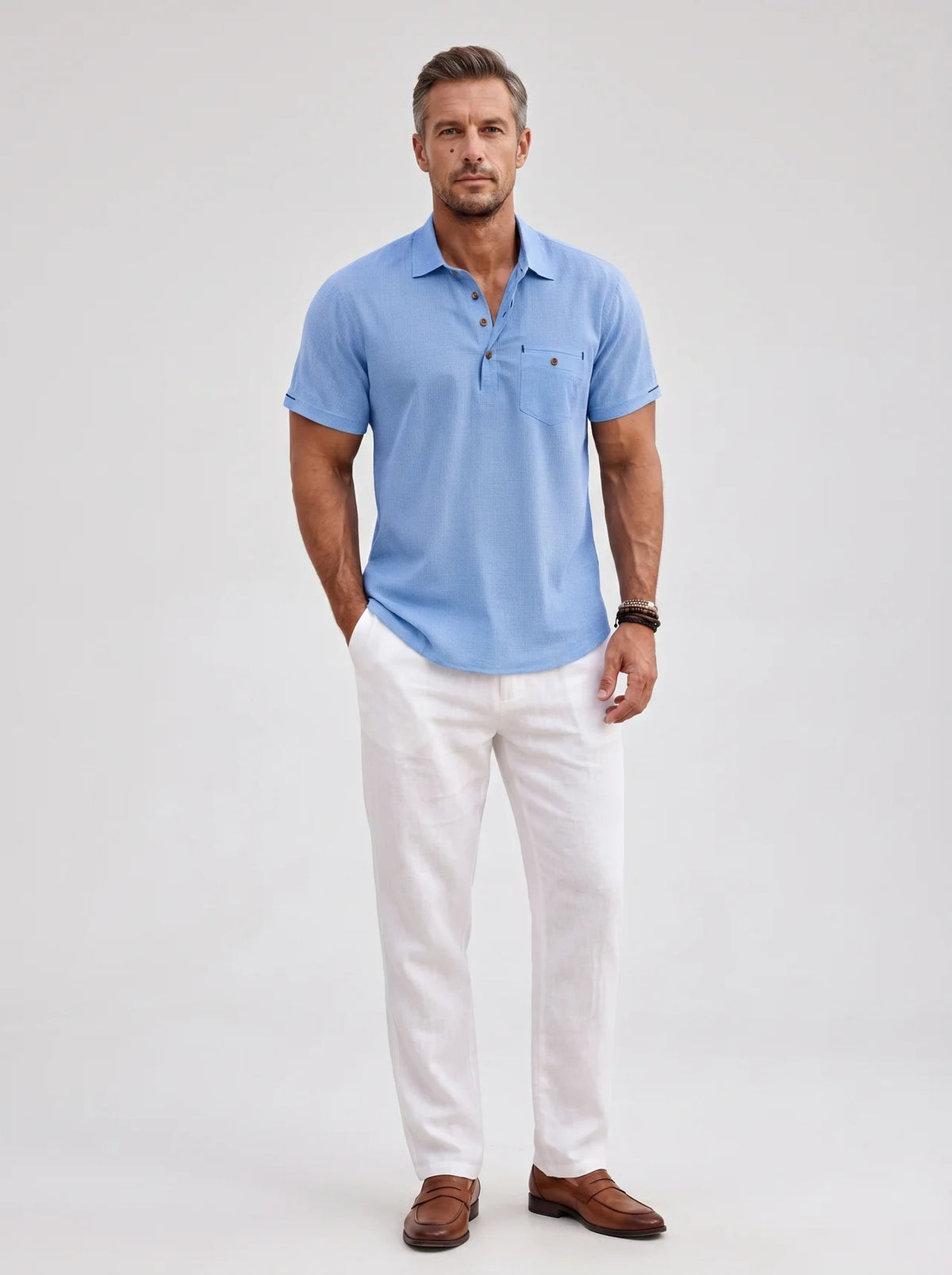 Linen Polo Shirt with Short Sleeves for Men