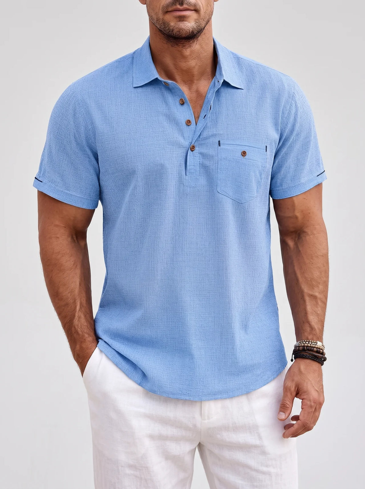Linen Polo Shirt with Short Sleeves for Men