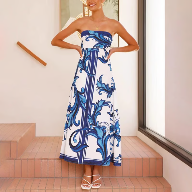Strapless Wedding Guest Printed Midi Dress for Women