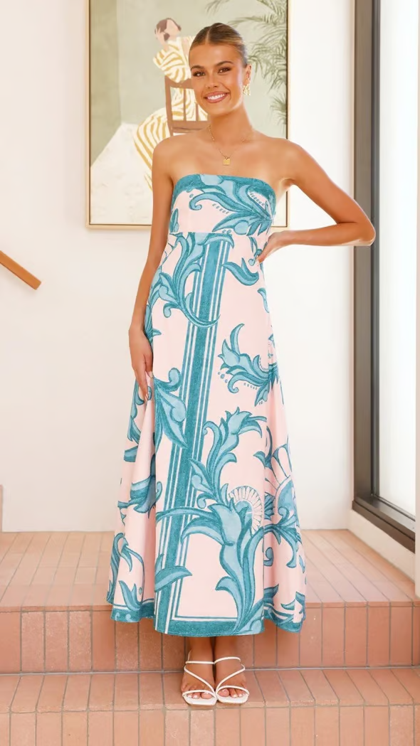 Strapless Wedding Guest Printed Midi Dress for Women