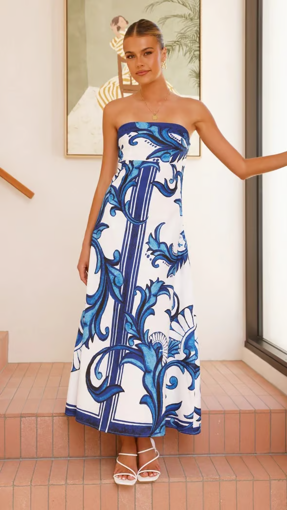 Strapless Wedding Guest Printed Midi Dress for Women