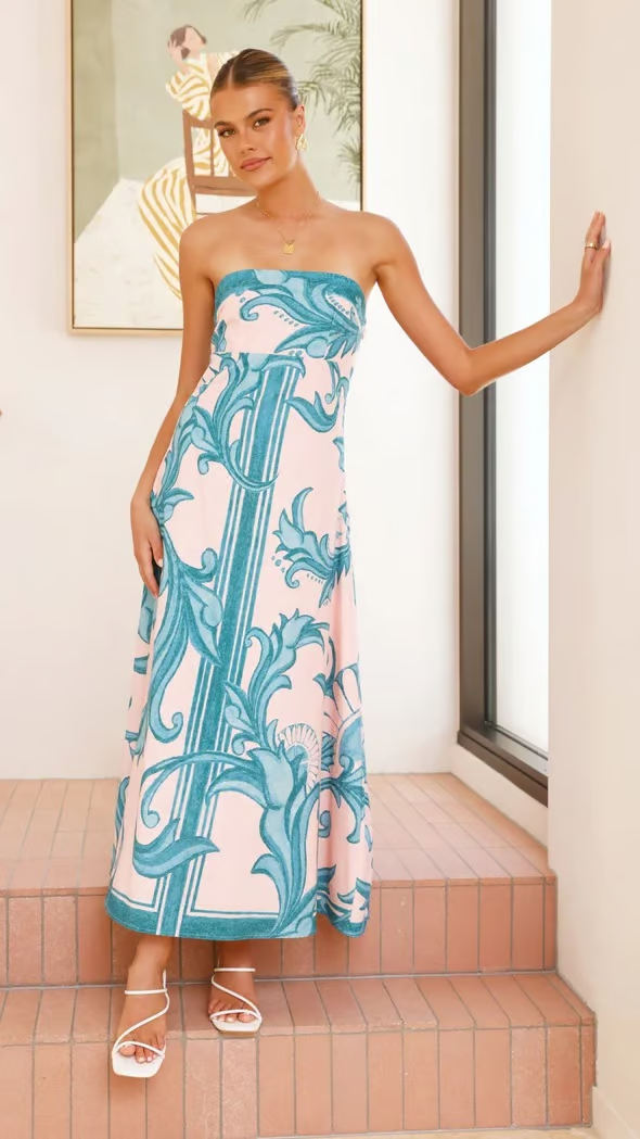 Strapless Wedding Guest Printed Midi Dress for Women