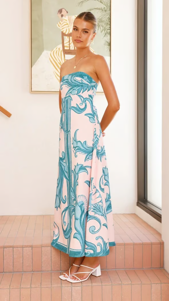 Strapless Wedding Guest Printed Midi Dress for Women