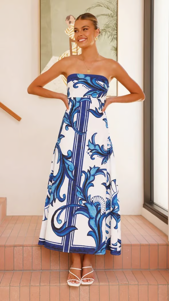 Strapless Wedding Guest Printed Midi Dress for Women