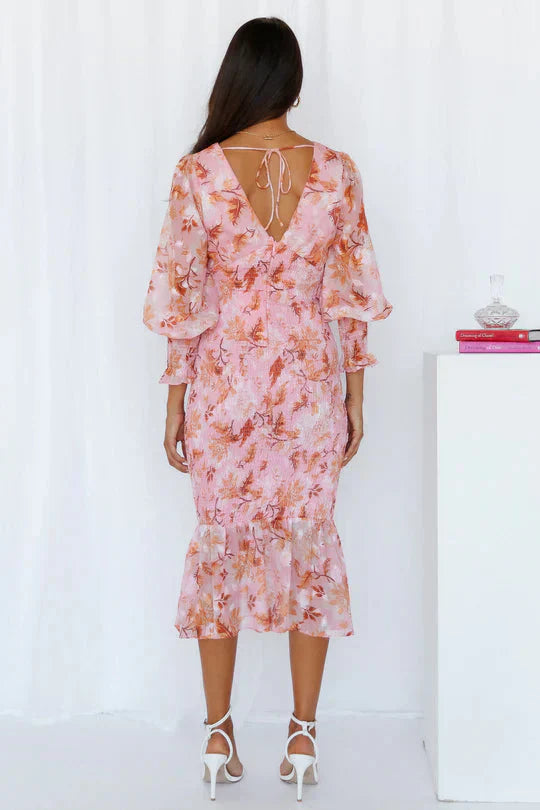 Floral V-Neck Puff Sleeve Midi Dress Wedding Guest for Women