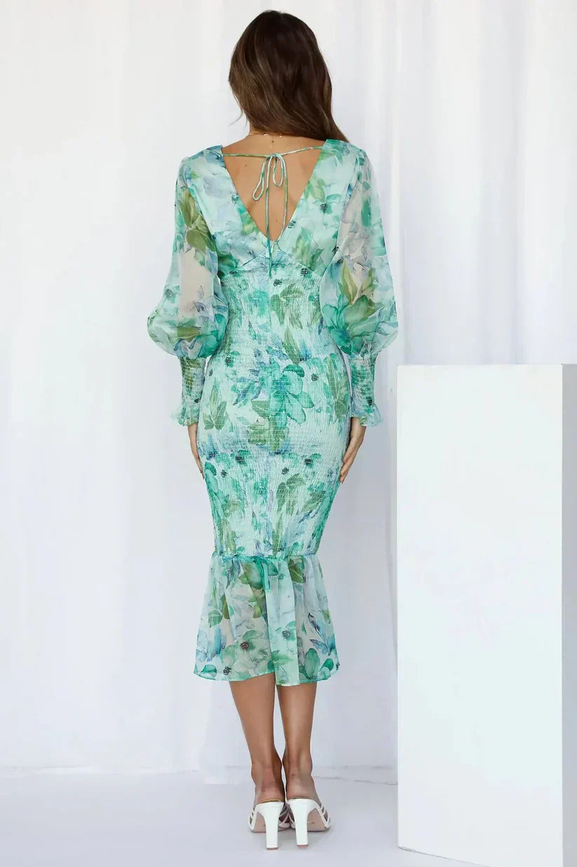 Floral V-Neck Puff Sleeve Midi Dress Wedding Guest for Women
