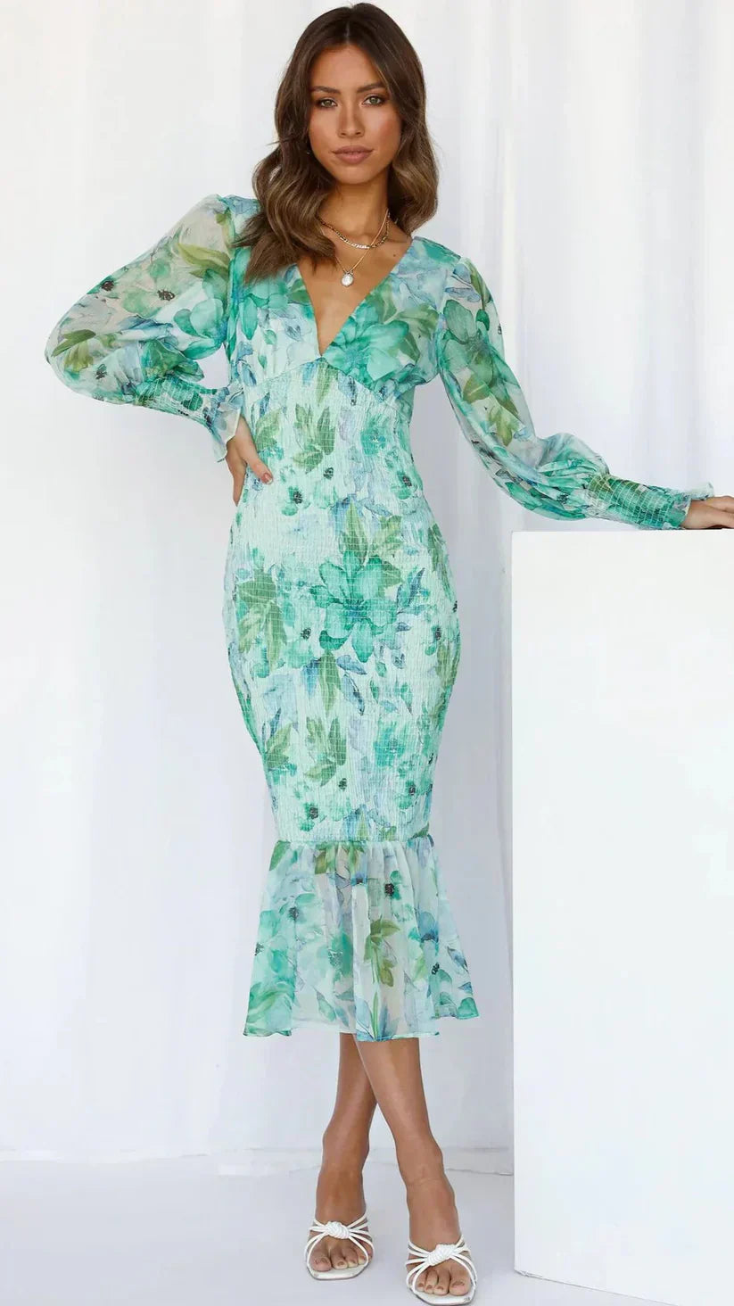 Floral V-Neck Puff Sleeve Midi Dress Wedding Guest for Women
