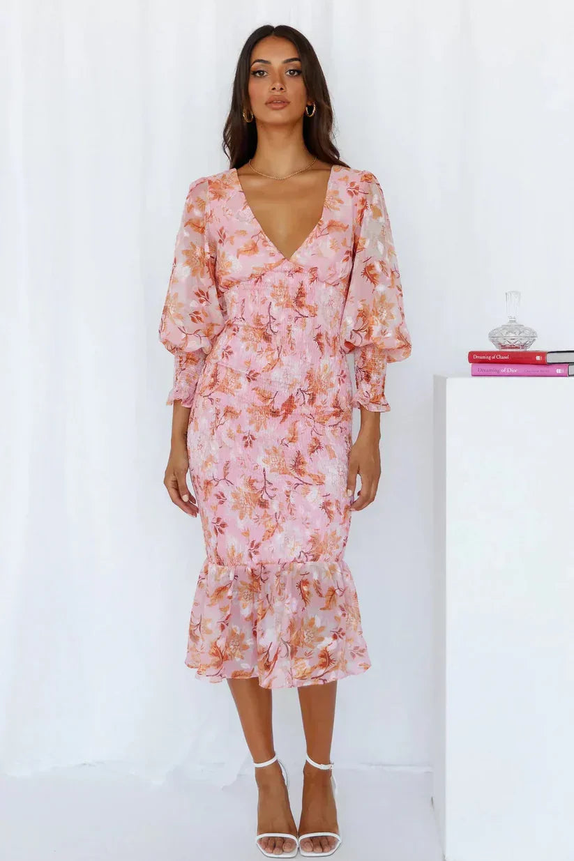 Floral V-Neck Puff Sleeve Midi Dress Wedding Guest for Women