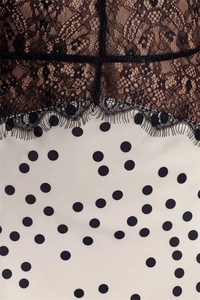 Halter Neck Polka Dot Maxi Dress with Lace Detail for Women