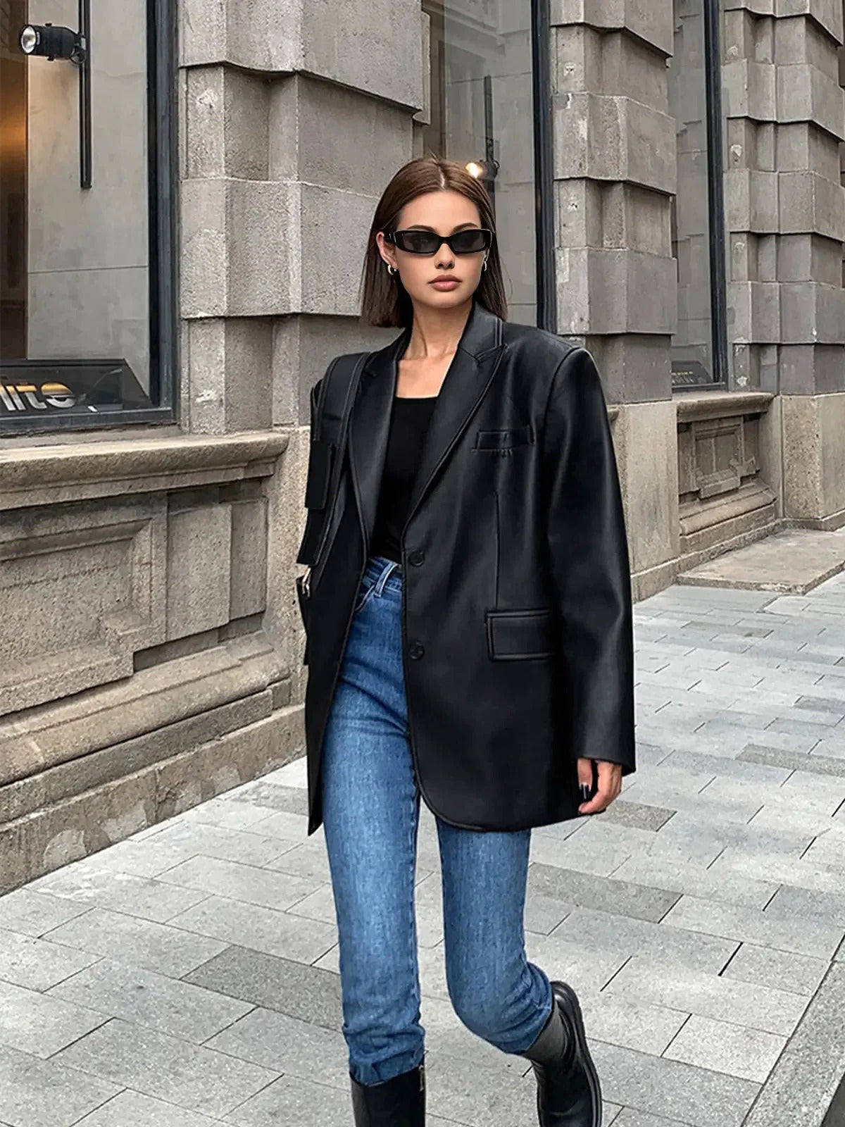 Faux Leather Oversized Blazer for Women
