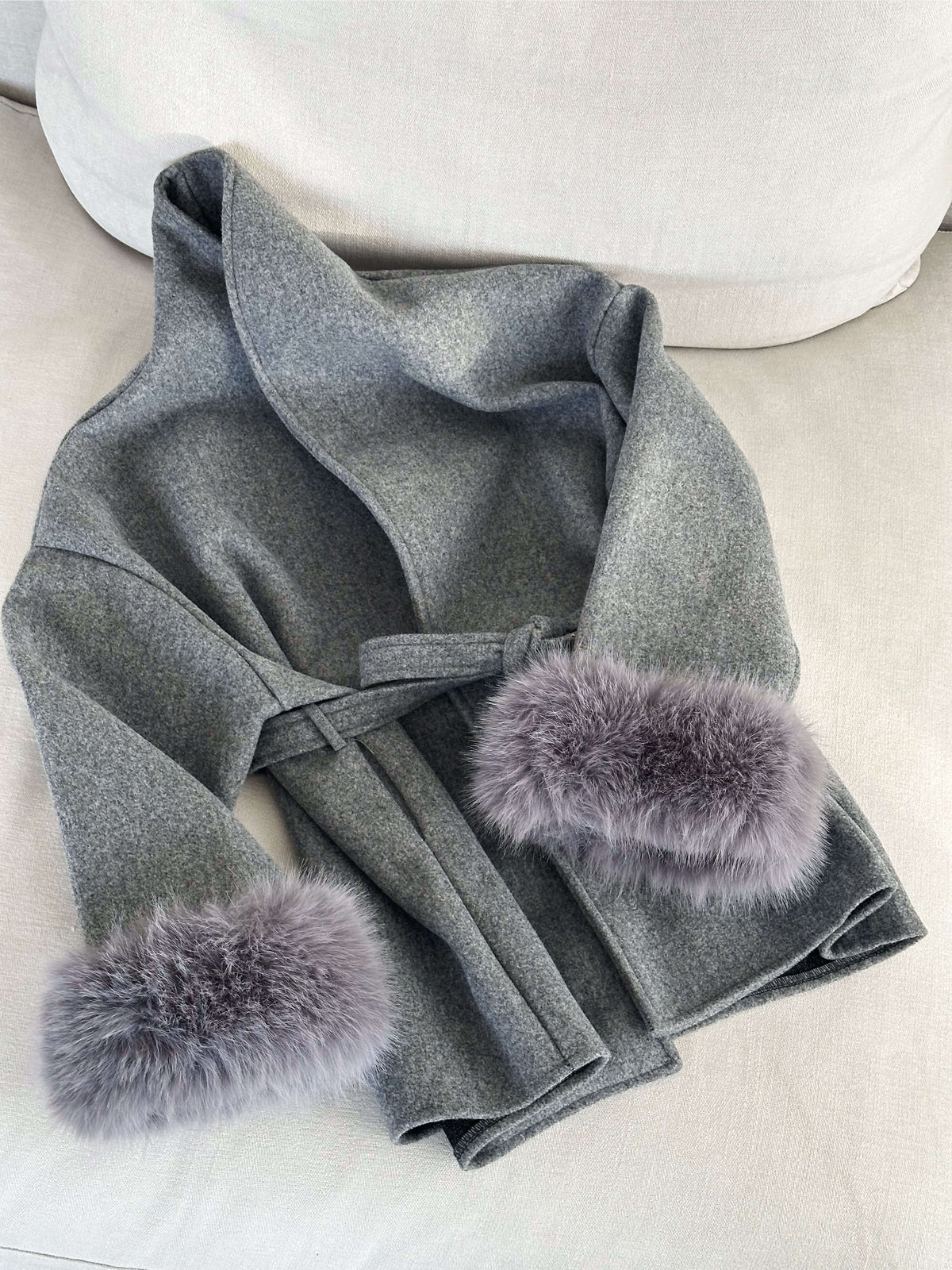 Belted Wrap Coat with Faux Fur Cuffs for Women