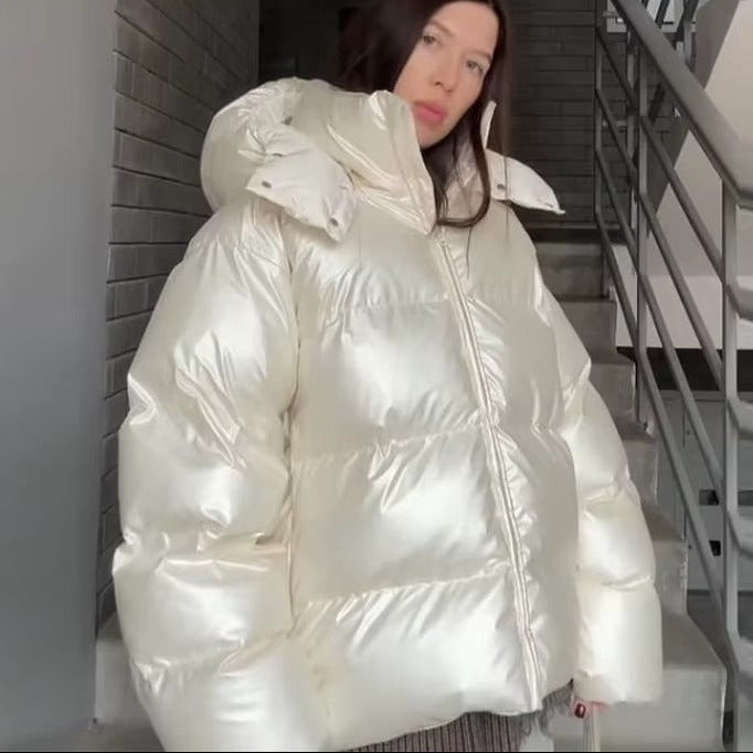 Glossy Oversized Hooded Puffer Jacket for Women