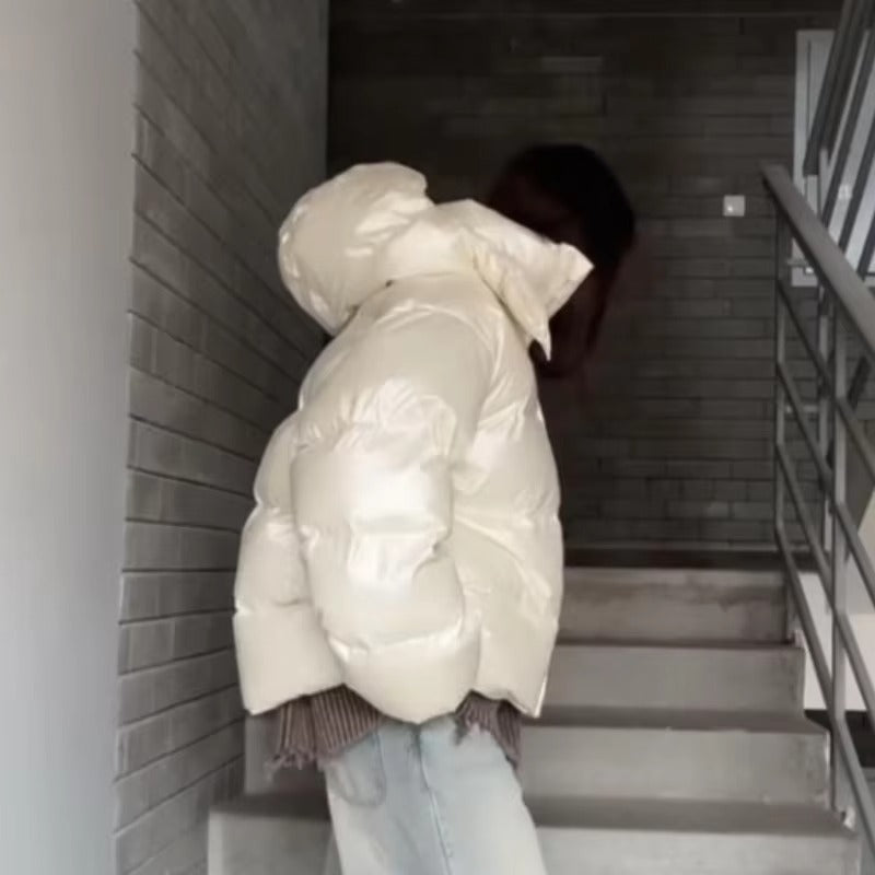 Glossy Oversized Hooded Puffer Jacket for Women
