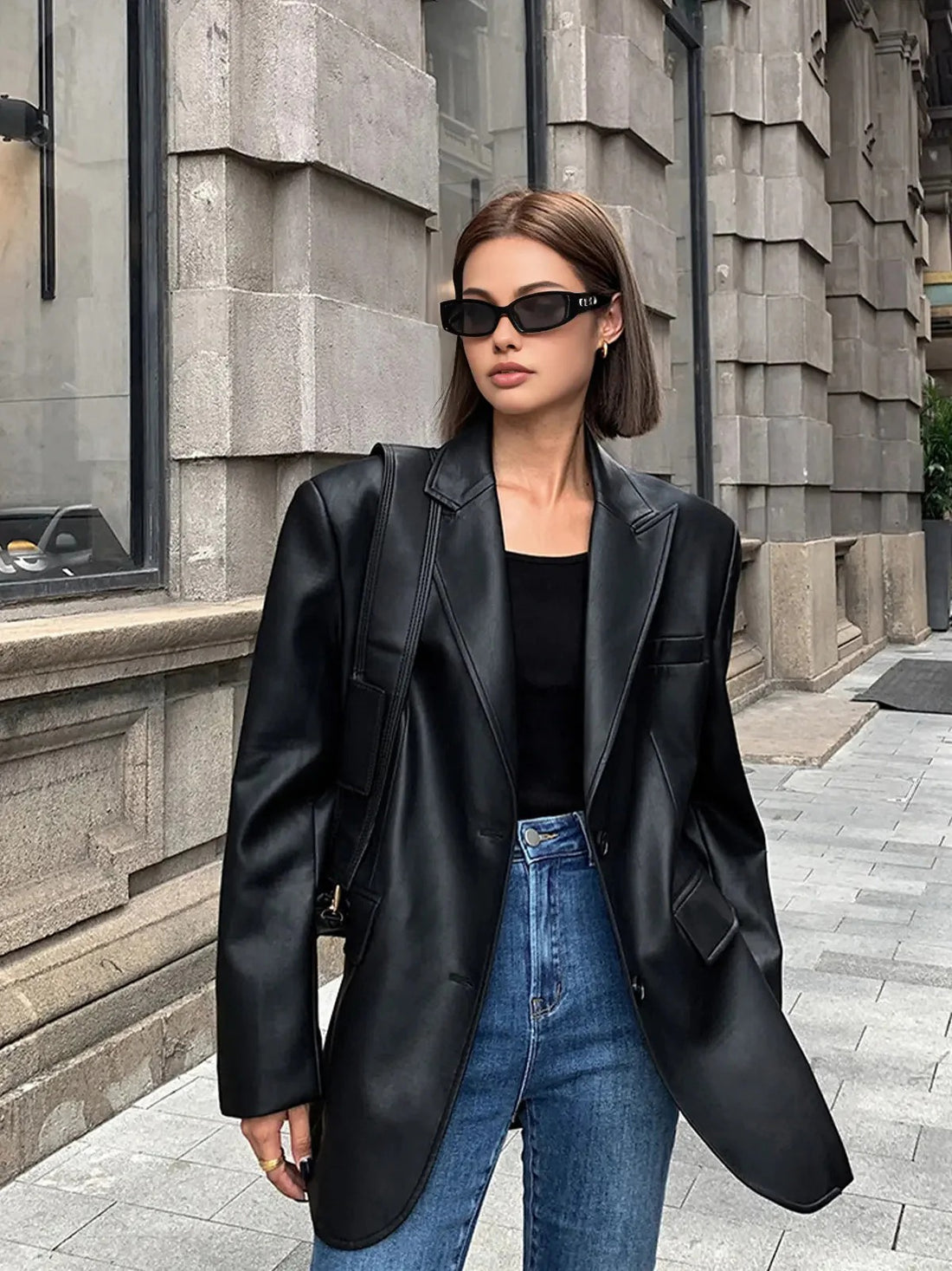 Faux Leather Oversized Blazer for Women