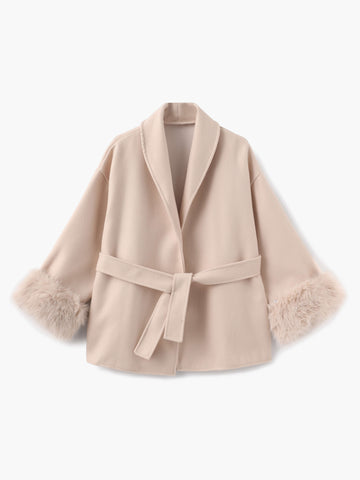 Belted Wrap Coat with Faux Fur Cuffs for Women