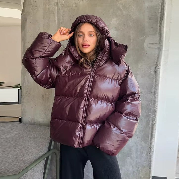 Glossy Oversized Hooded Puffer Jacket for Women