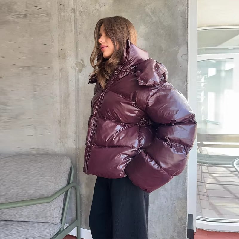 Glossy Oversized Hooded Puffer Jacket for Women