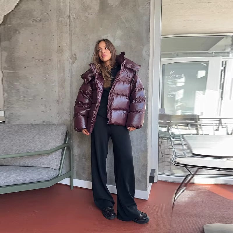Glossy Oversized Hooded Puffer Jacket for Women
