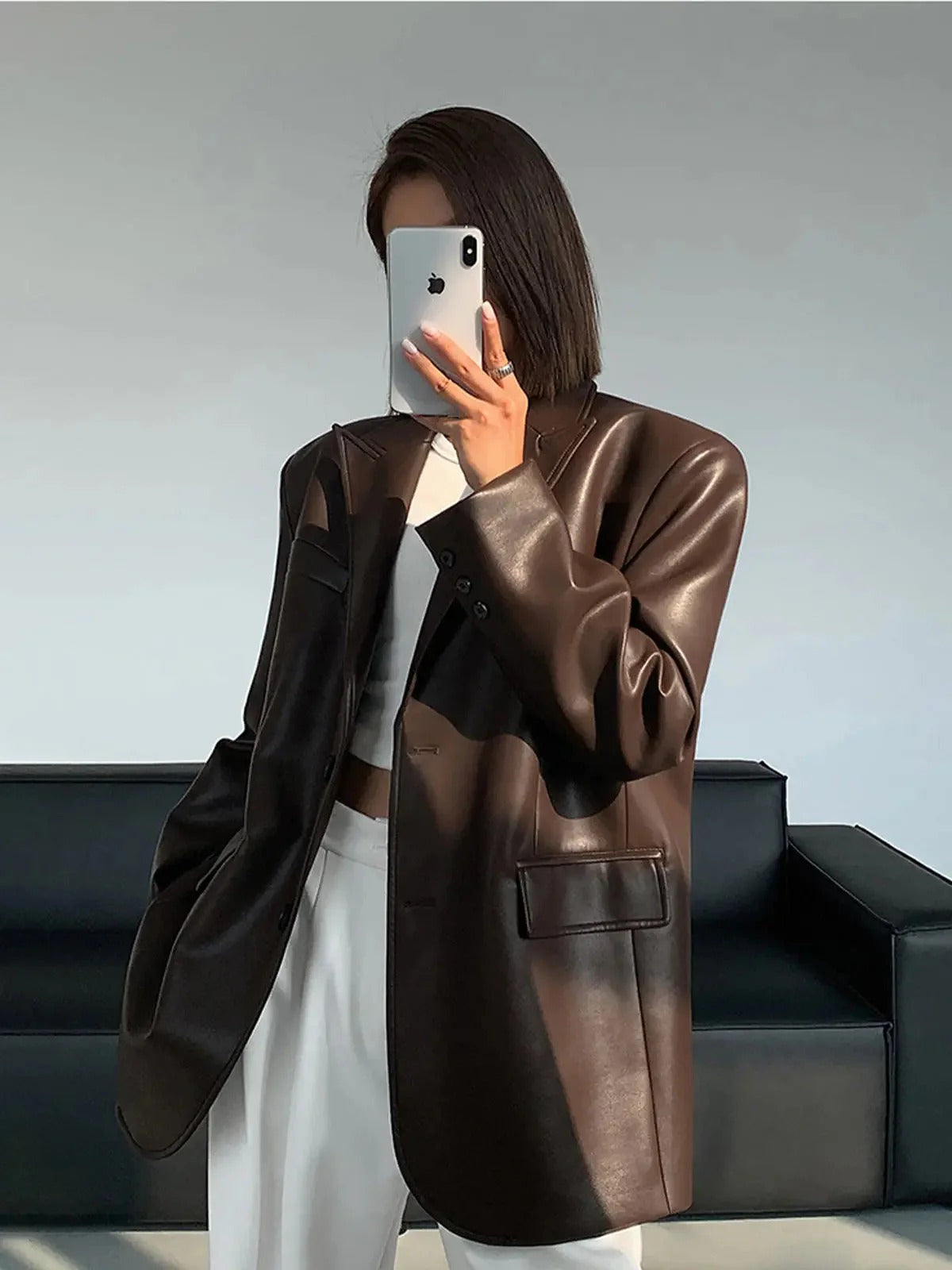 Faux Leather Oversized Blazer for Women