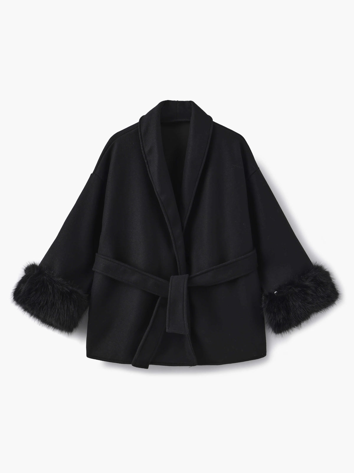 Belted Wrap Coat with Faux Fur Cuffs for Women